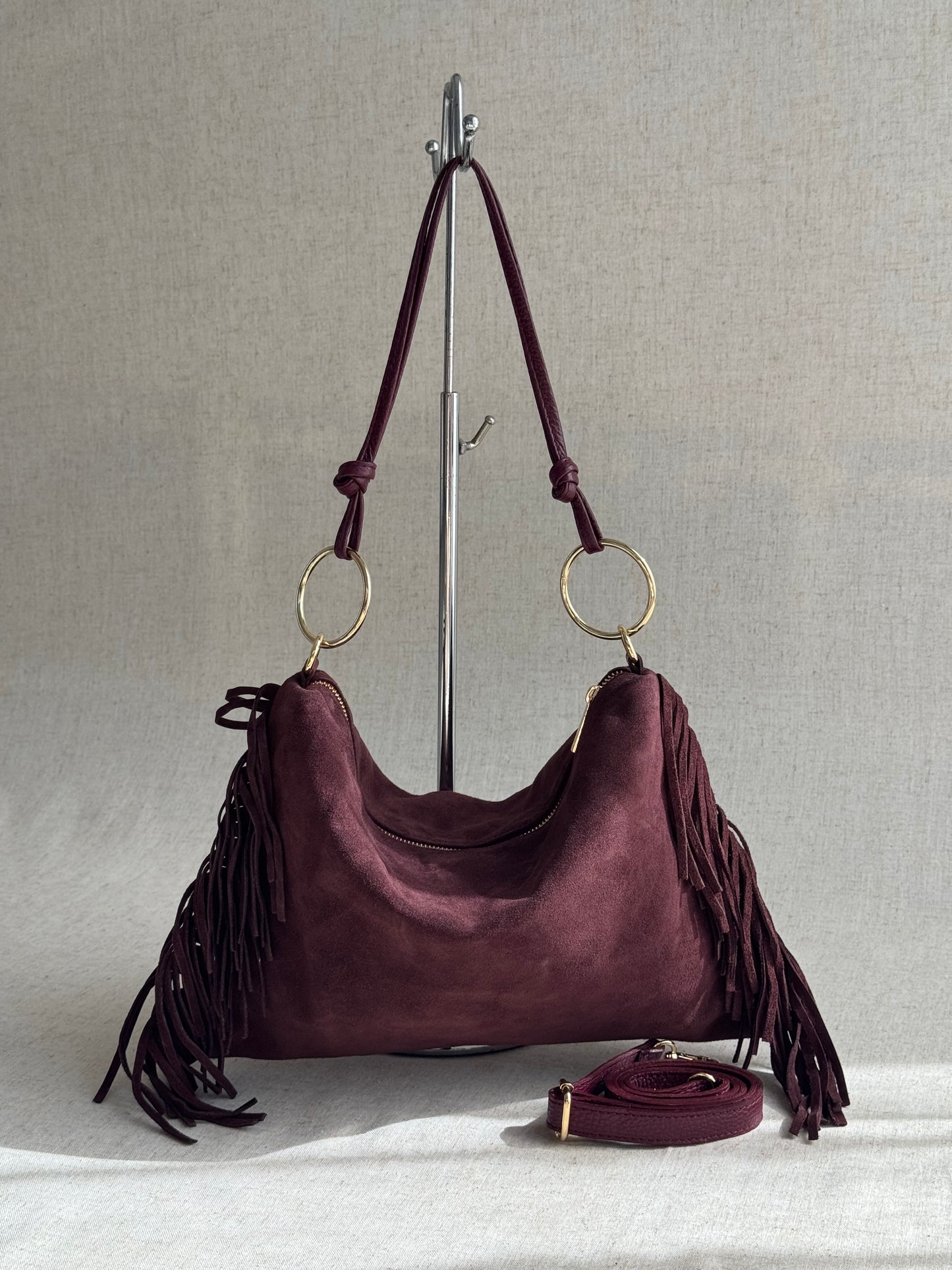 Borsa a spalla Agata - misura grande frange, con tracolla lunga