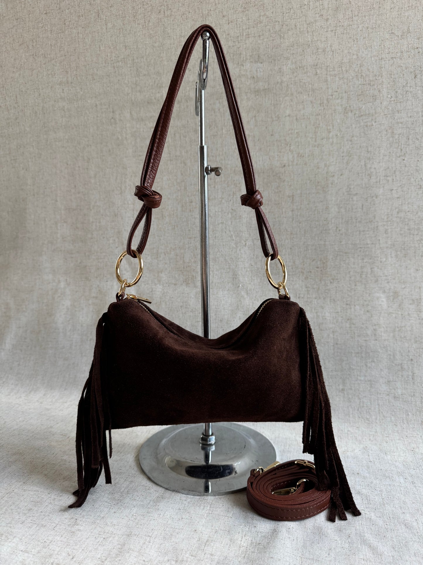 Borsa a spalla Agata - misura piccola frange, con tracolla lunga