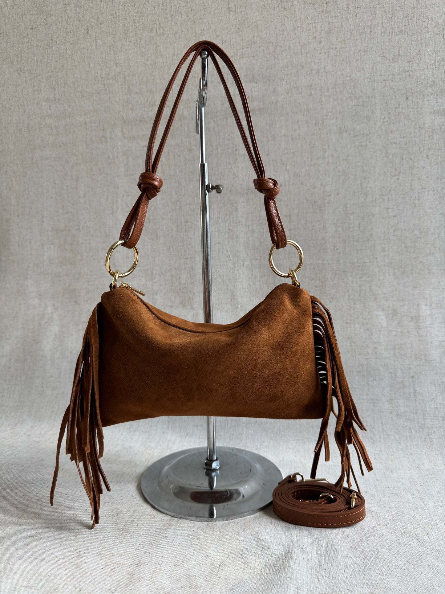 Borsa a spalla Agata - misura piccola frange, con tracolla lunga