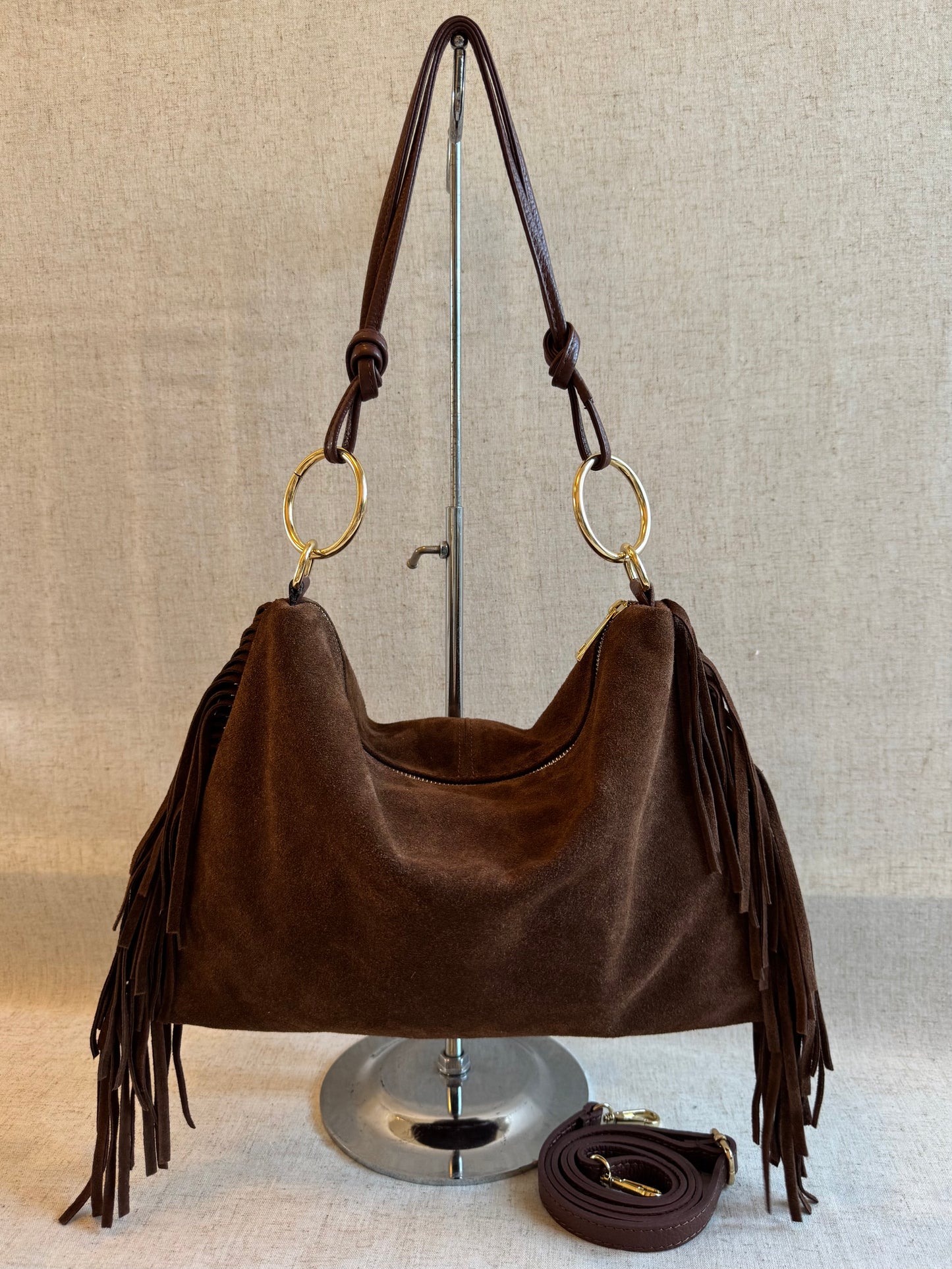 Borsa a spalla Agata - misura grande frange, con tracolla lunga