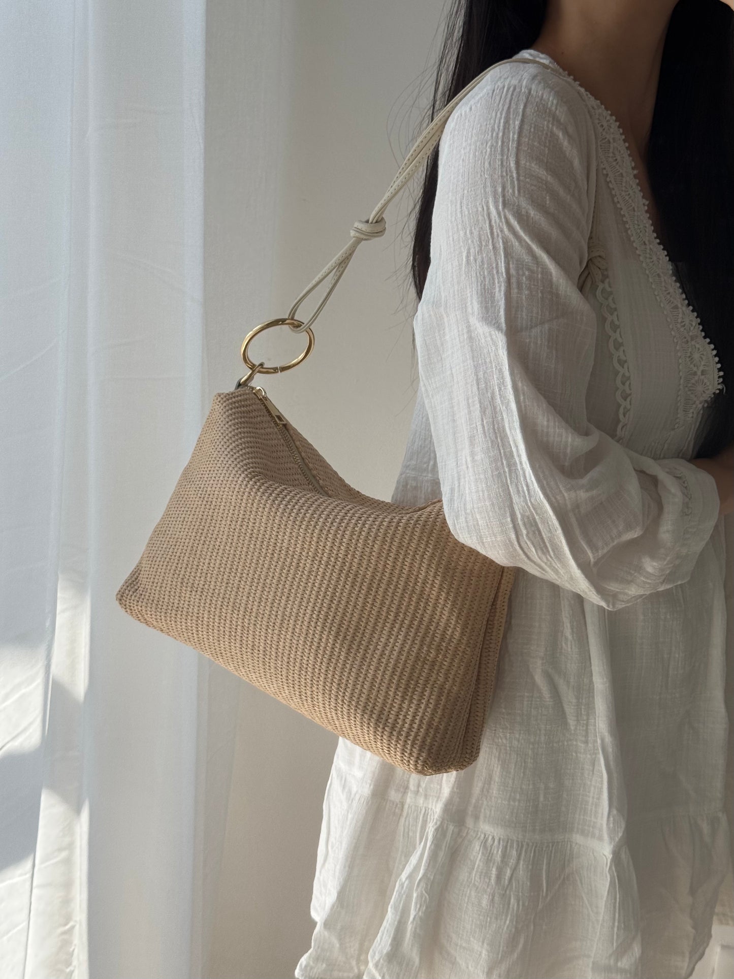Borsa a spalla Agata rafia - con tracolla lunga