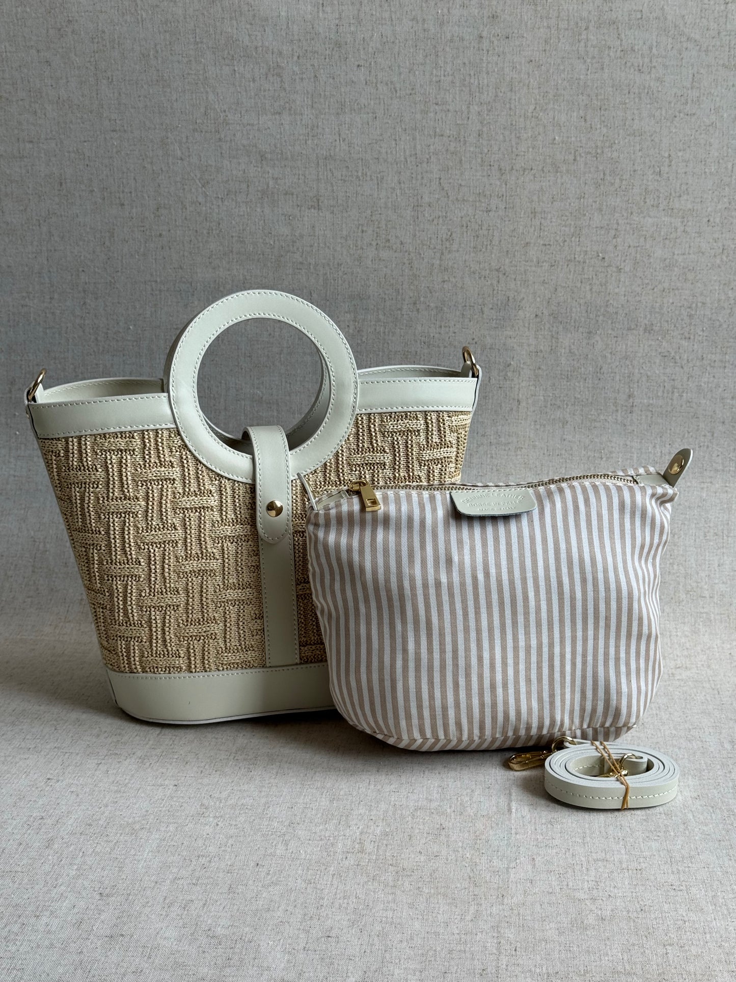 Borsa Alice - rafia, con tracolla lunga e pochette