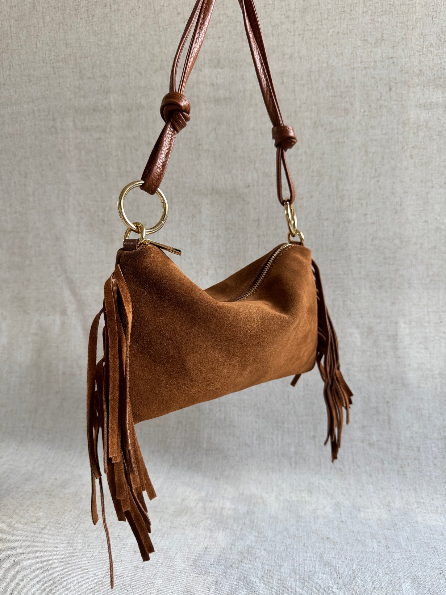 Borsa a spalla Agata - misura piccola frange, con tracolla lunga