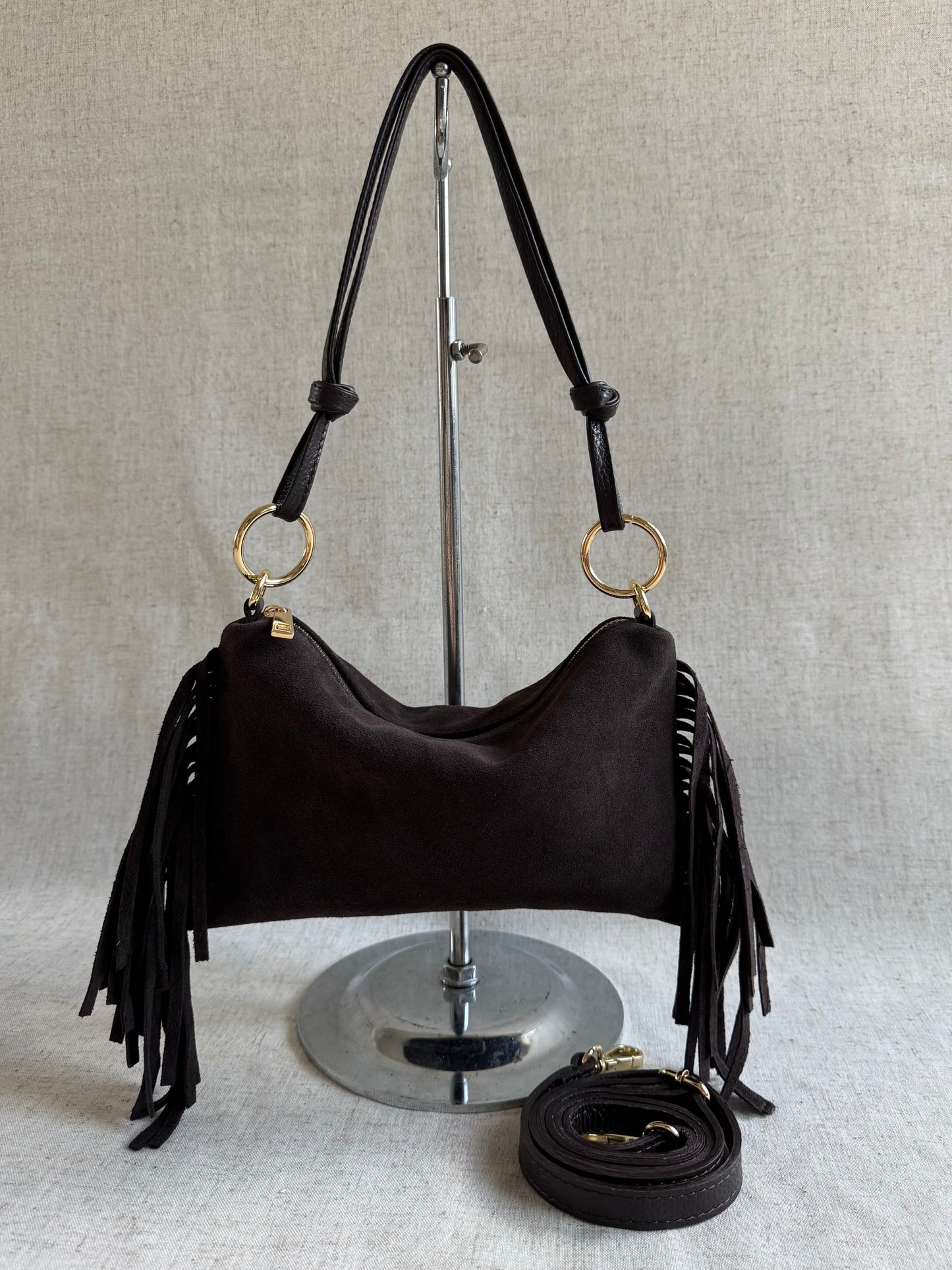 Borsa a spalla Agata - misura piccola frange, con tracolla lunga