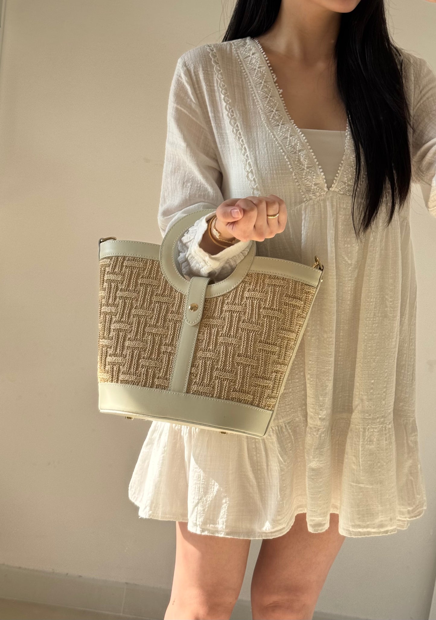 Borsa Alice - rafia, con tracolla lunga e pochette