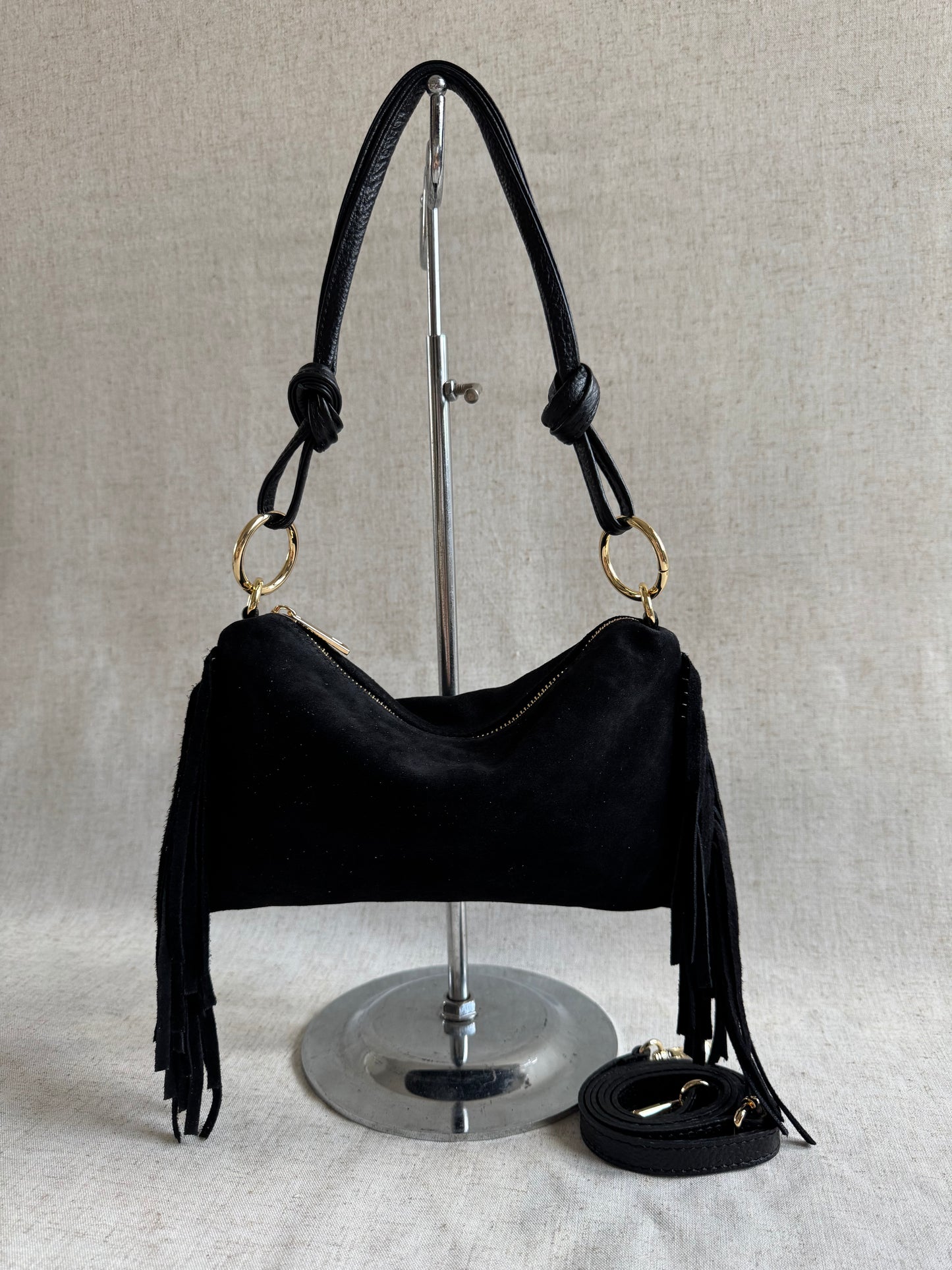 Borsa a spalla Agata - misura piccola frange, con tracolla lunga