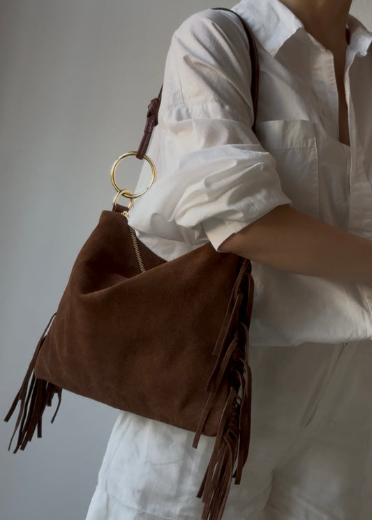 Borsa a spalla Agata - misura grande frange, con tracolla lunga