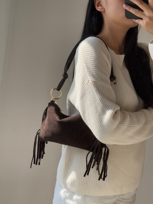 Borsa a spalla Agata - misura piccola frange, con tracolla lunga