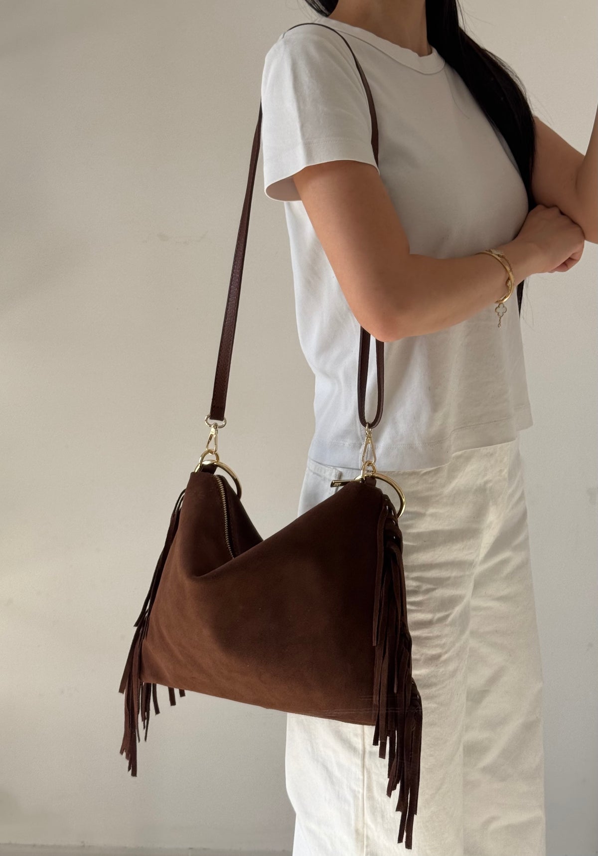 Borsa Agata - misura grande, frange, con tracolla lunga