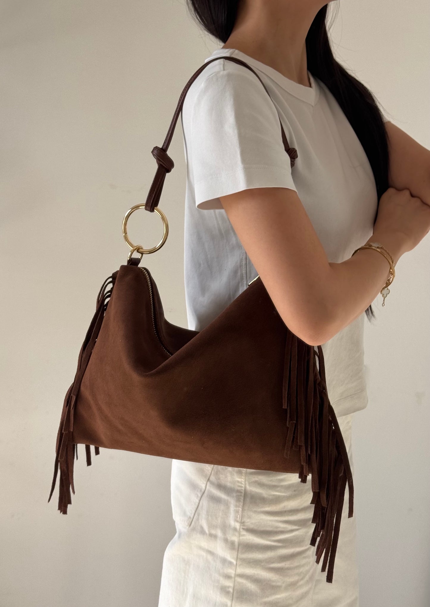 Borsa Agata - misura grande, frange, con tracolla lunga