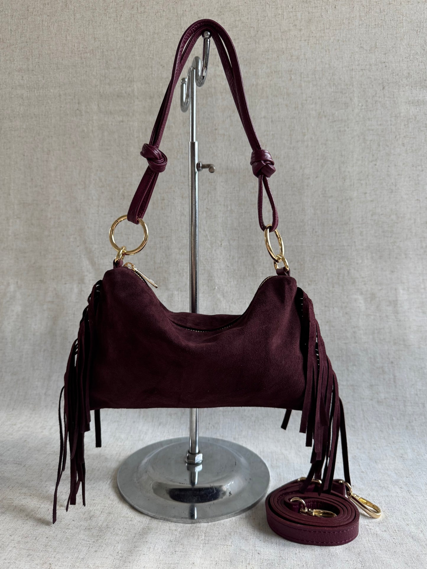 Borsa a spalla Agata - misura piccola frange, con tracolla lunga