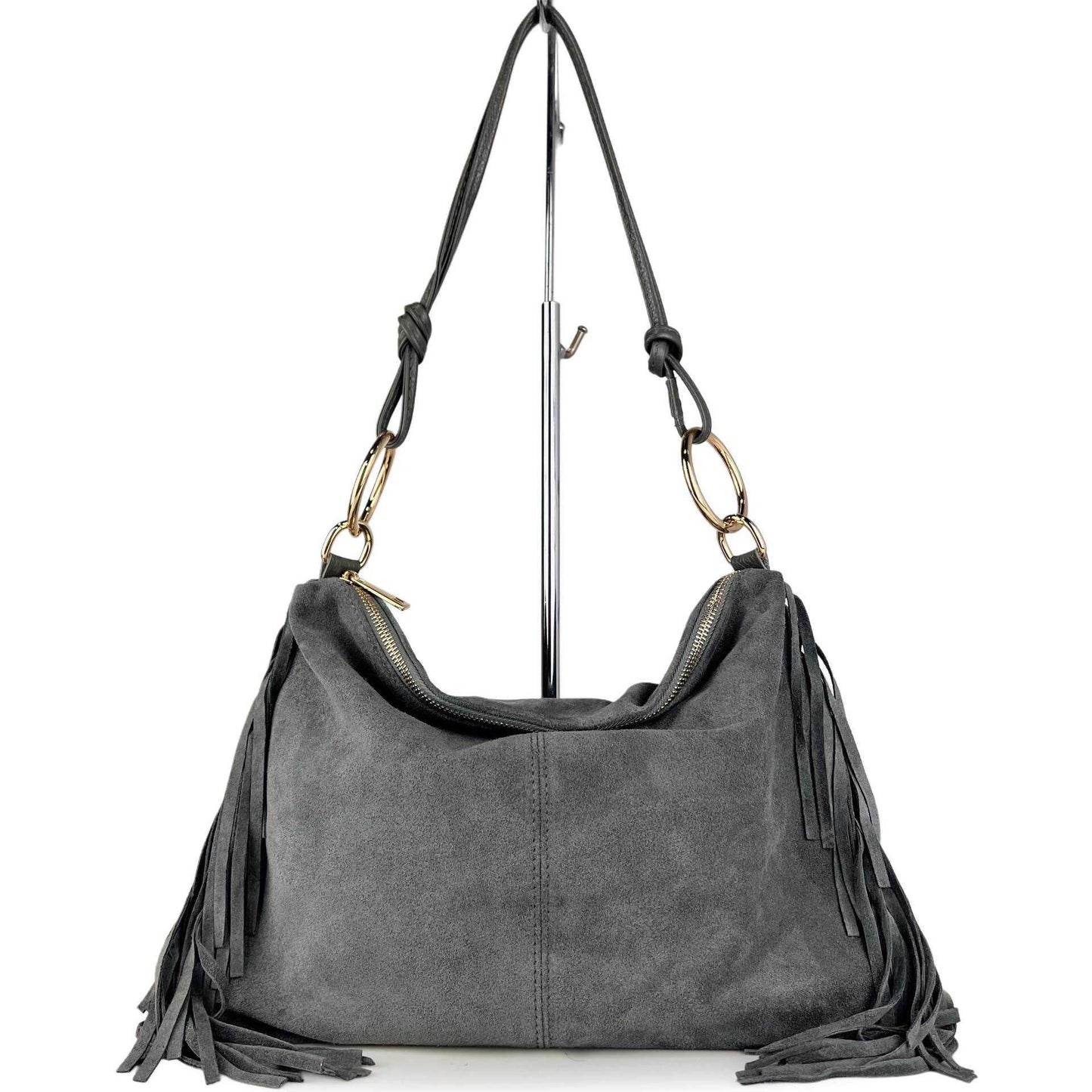 Borsa a spalla Agata - misura grande frange, con tracolla lunga